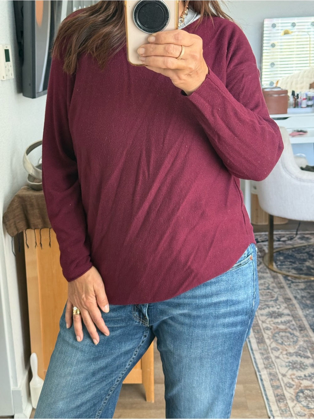 Joan Vass Long-Sleeve Knit Crewneck Top in Wine